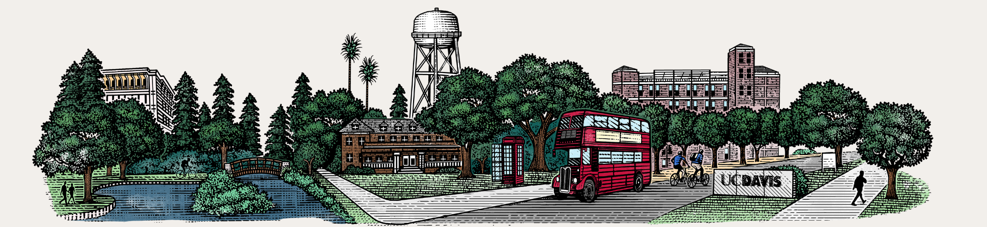 Illustration of UC Davis campus with a pond, trees, red double-decker bus, and water tower.