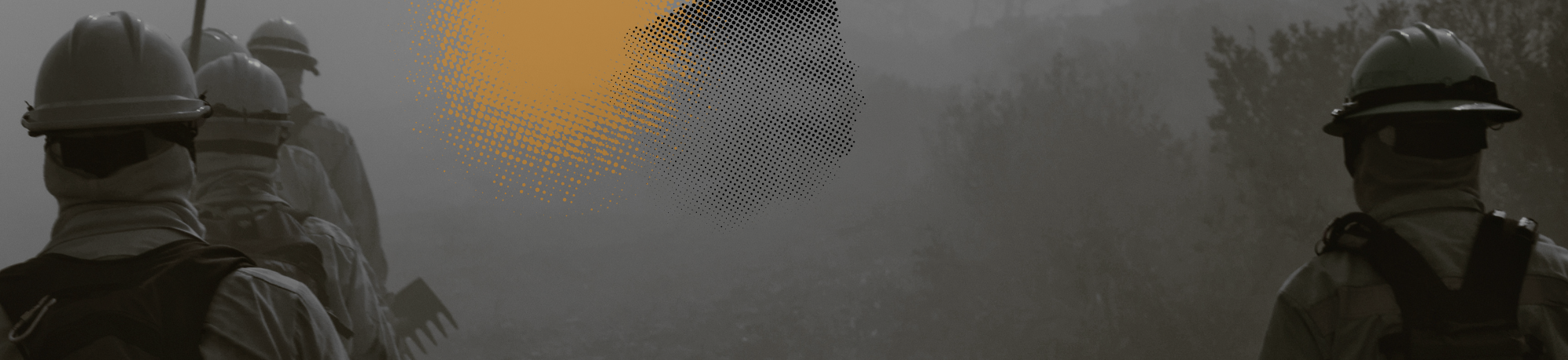 Smoky grayscale banner of firefighters in helmets with illustration of air pollution in orange and black