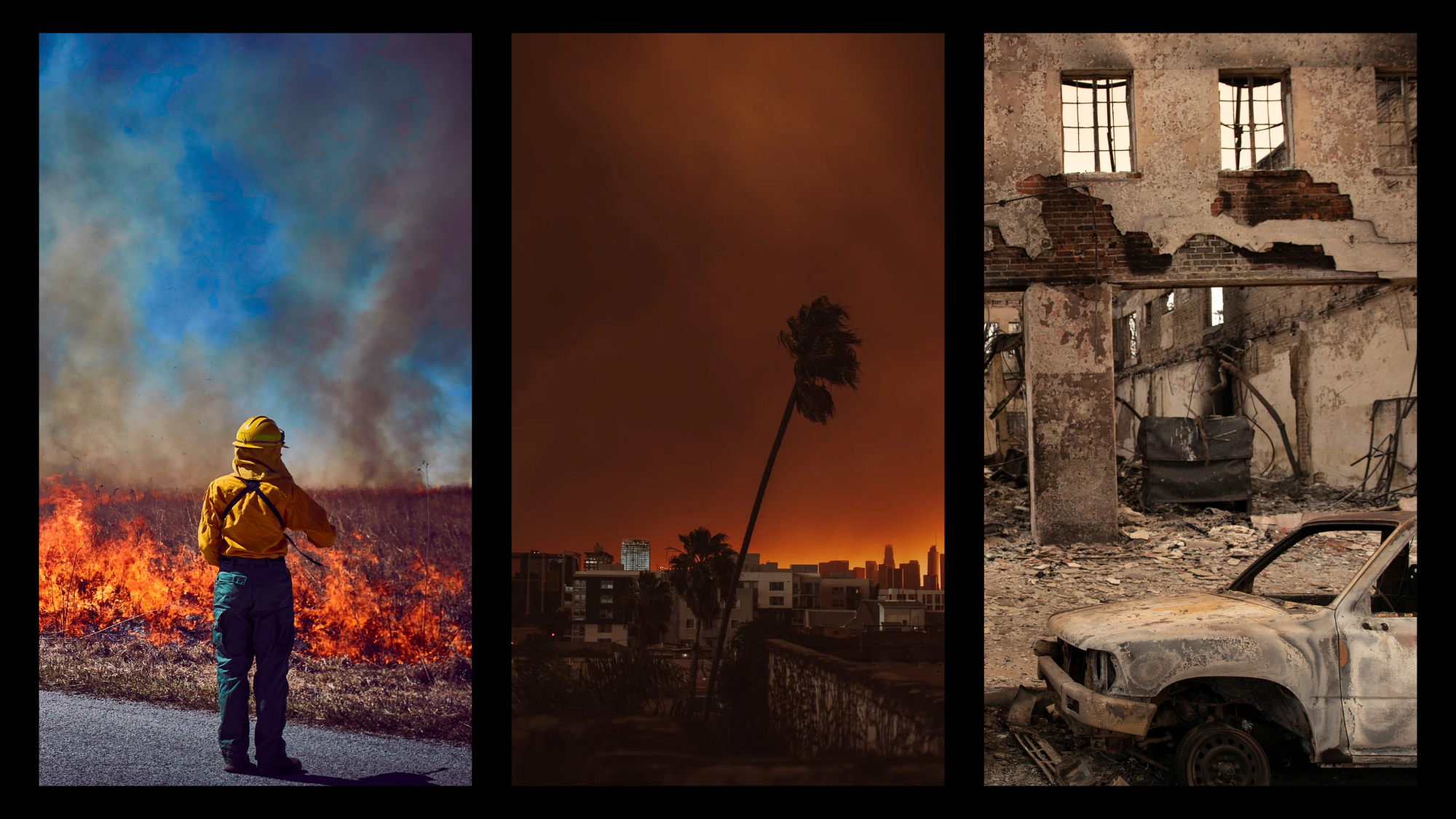 Triptych photos: firefighter before blaze; lone palm at orange dusk; burned car by ruins