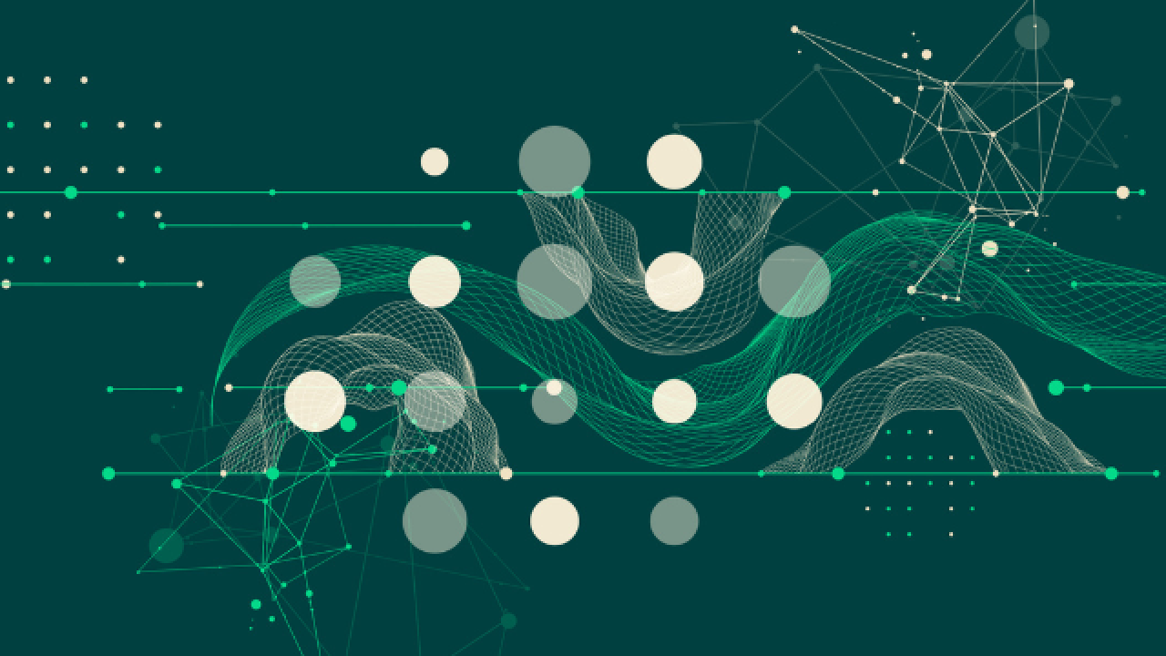 Abstract science graphic: green waveforms, white dots and network nodes on teal background