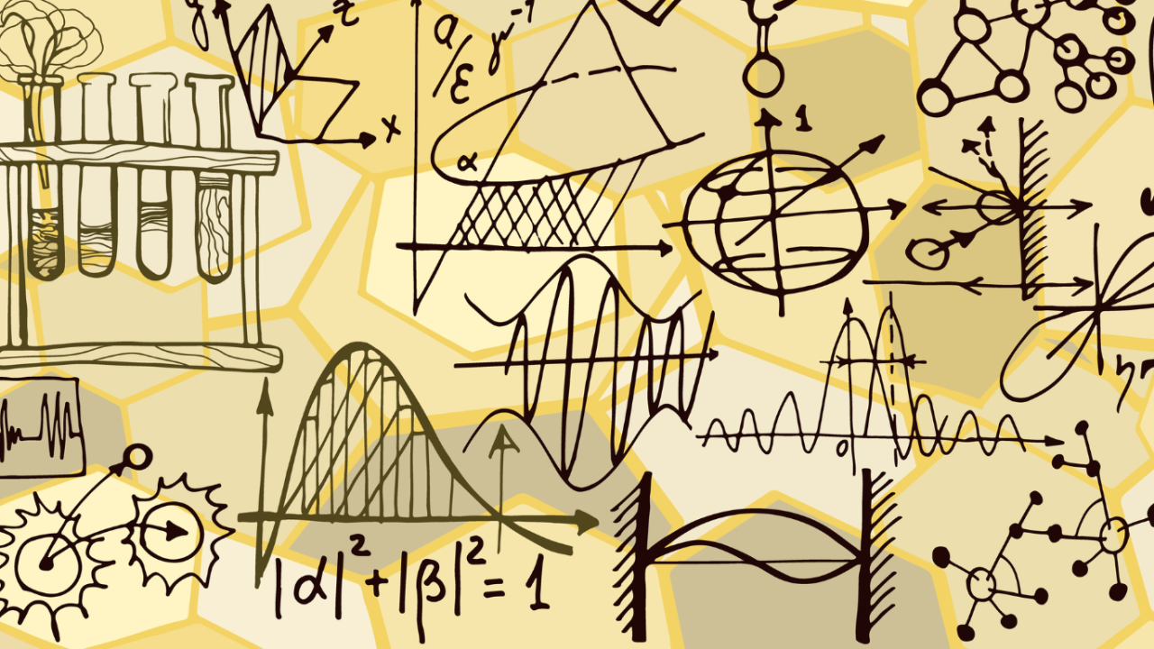 Illustration featuring various scientific symbols and equations on a beige background.