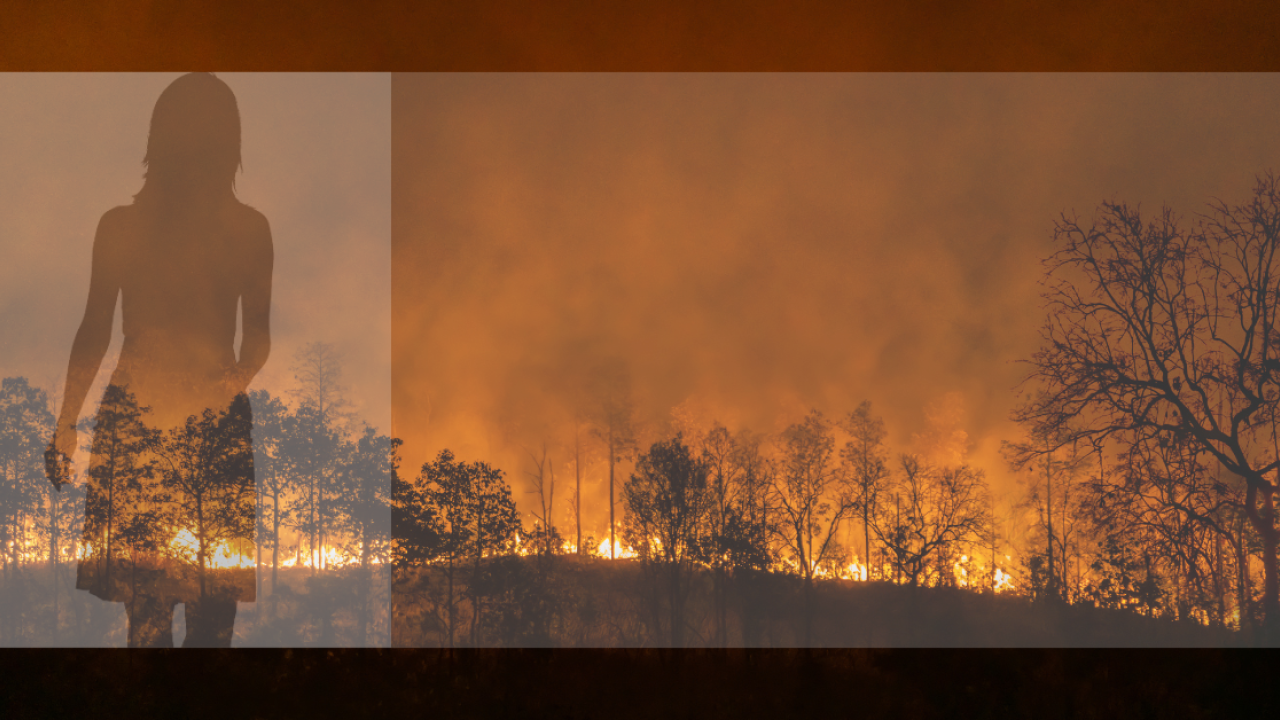 wildfires background with a woung woman silhouette