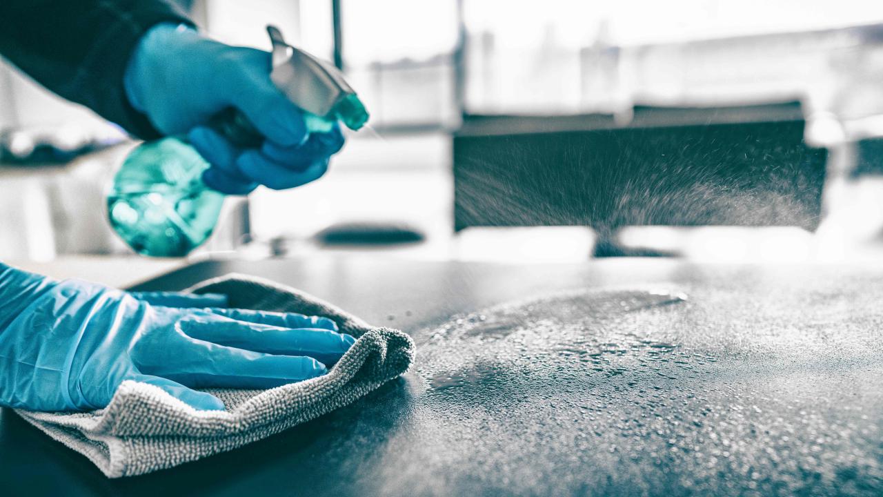 person cleaning using a spraybottle