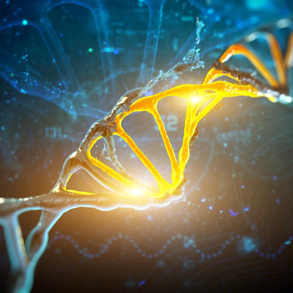 Glowing golden DNA double helix graphic against a blue molecular background