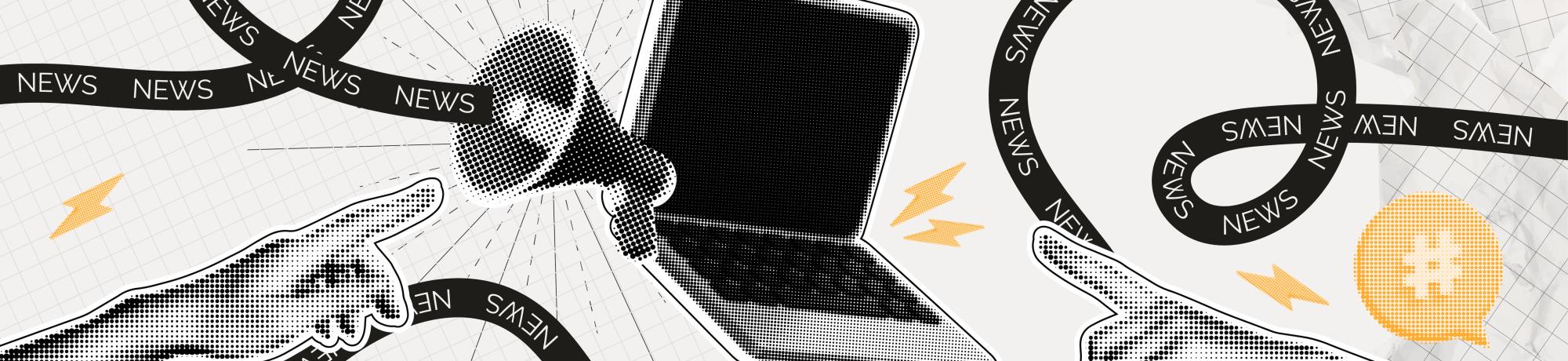 Computer, bullhorn, news ticker and hashtag illustration