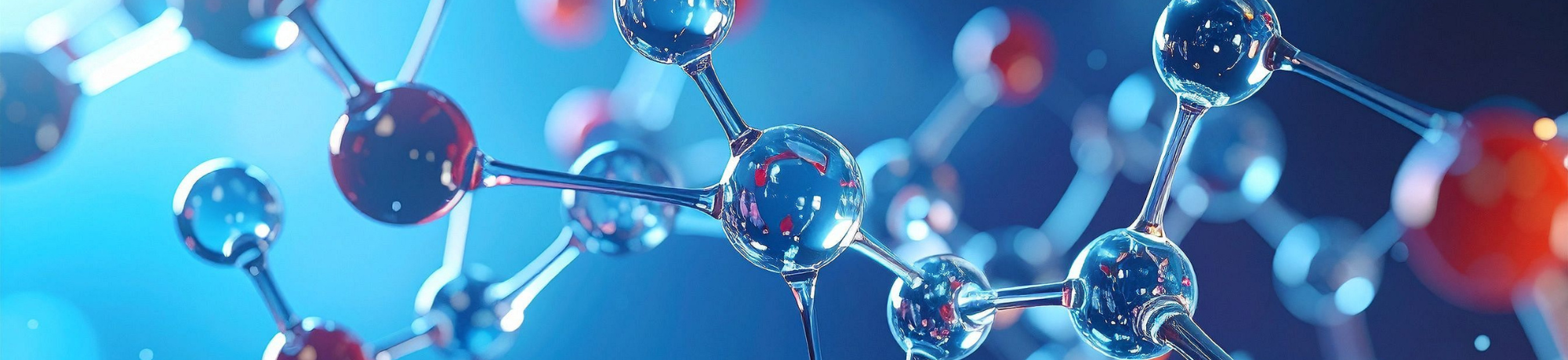 3D molecular model graphic with glossy blue and red atoms on cyan background